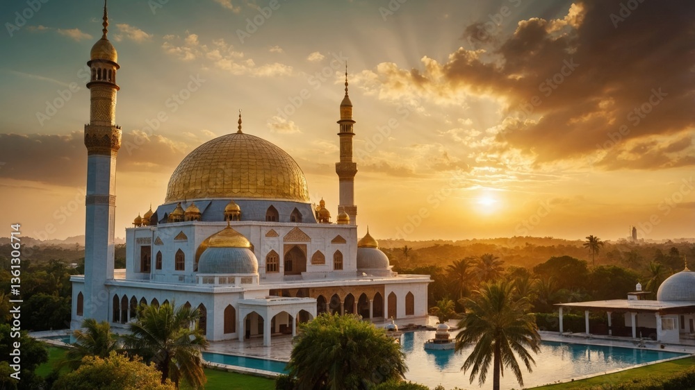 Fototapeta premium Stunning Mosque with Golden Dome and Minarets Under a Glowing Sunset Sky