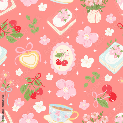 Seamless Floral Cottagecore Pattern, Vintage Books and Flowers, Cute Strawberry and Cherry Design, Pastel Teacup Background, Digital Paper