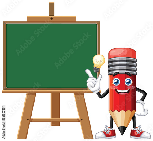 Cheerful Pencil Character with Blackboard and Lightbulb