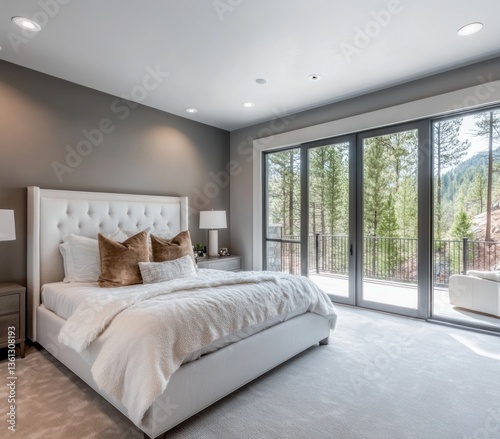 Luxurious bedroom with mountain view, white bed, and gray walls.