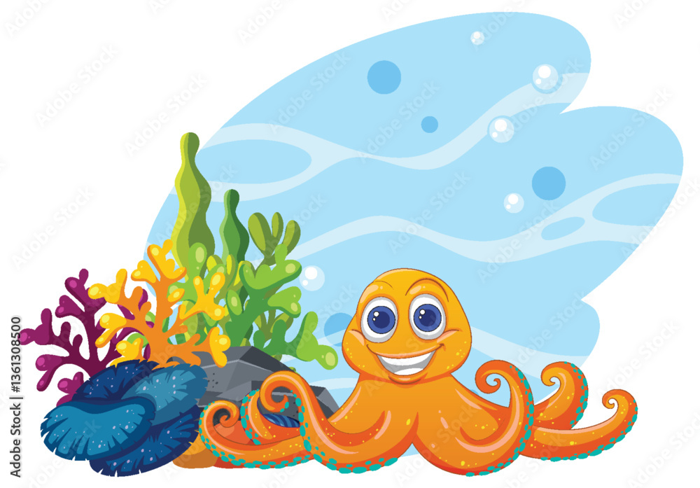 Obraz premium Cheerful Octopus in Vibrant Coral Reef