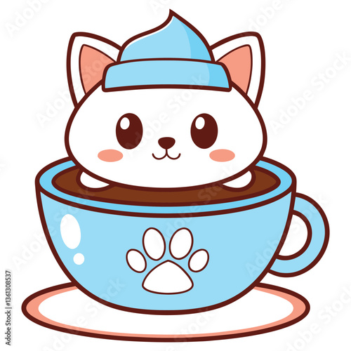 Cute Cartoon Cat In Light Blue Tea Cup Wearing Matching Hat Design