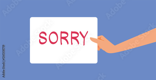 Hand Holding an Apology Sign Vector Illustration Design. Person feeling remorse and repent being sincere and honest   
