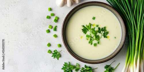 Creamy White Soup with Fresh Herbs and Green Onions on Table