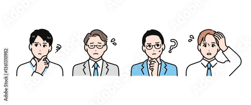 悩む表情の働く若い男性のシンプルなベクターイラストセット