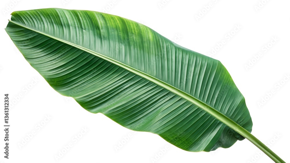 Tropical Banana Leaf with a Rich Green Texture, Isolated on a White Background, adding a tropical and exotic feel, Clean and Bold Botanical Stock Photo Tropical Banana Leaf with a Rich Green Texture, Isolated on a White Background, adding a tropical and exotic feel, Clean and Bold Botanical Stock Photo