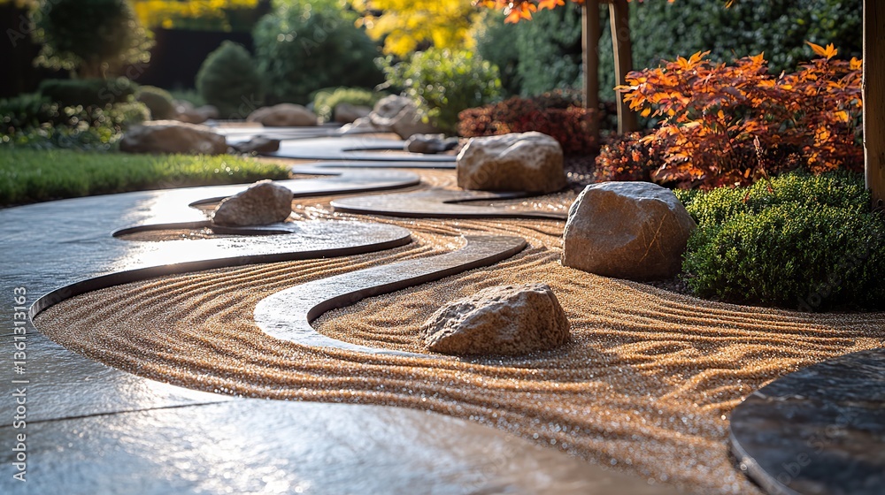 Obraz premium Swirls in the sand add a dynamic element to this zen garden, complementing the carefully placed stones