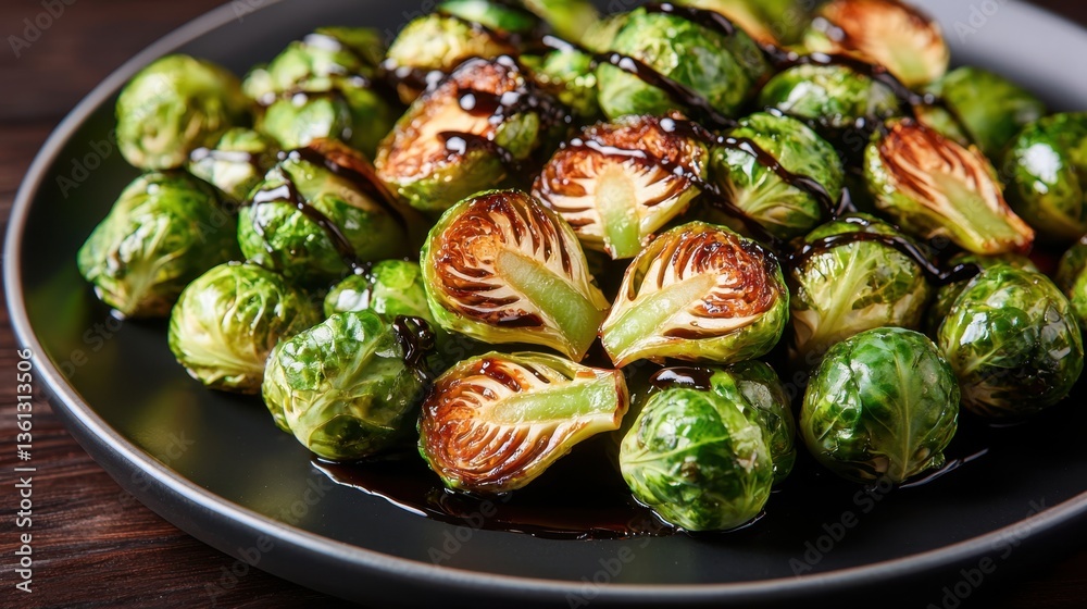 Delicious Roasted Brussels Sprouts with Caramelized Balsamic Reduction on Dark Plate Delicious Roasted Brussels Sprouts with Caramelized Balsamic Reduction on Dark Plate