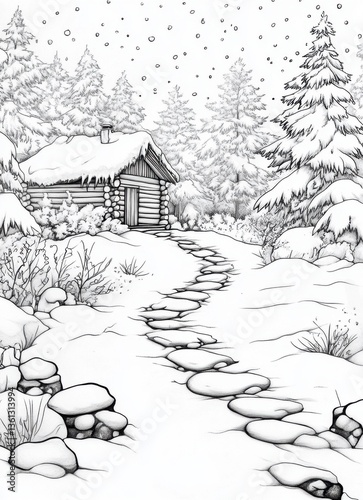 Cozy cabin in a winter wonderland serene black and white illustration of snowy tranquility