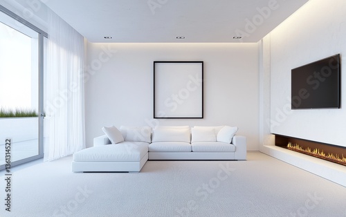 Modern Minimalist Living Room with White Couch and Blank Canvas