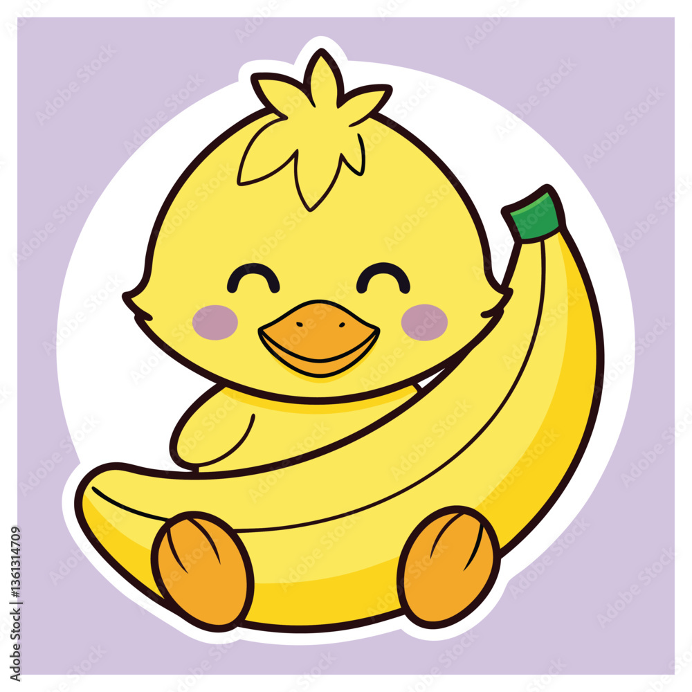 Obraz premium Cartoon Yellow Chick Character Hugging Large Banana Fruit on a Light Purple Background
