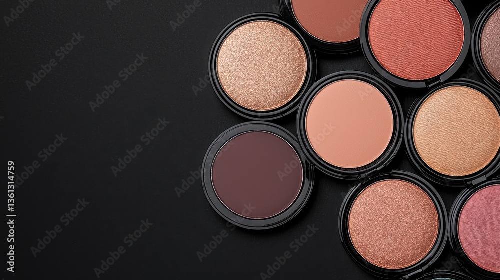 Elegant Matte Eyeshadow Display with Rich Pigments in Neat Arrangement on Dark Background Elegant Matte Eyeshadow Display with Rich Pigments in Neat Arrangement on Dark Background