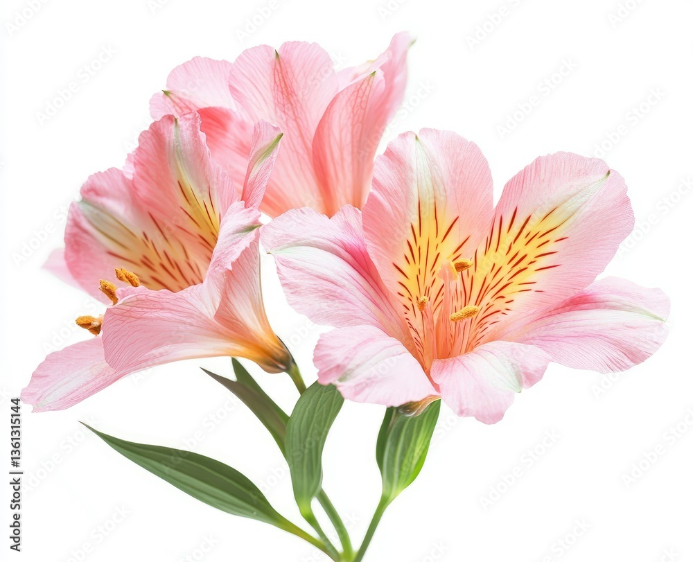 Fototapeta premium Blooming Pink Alstroemeria Flowers Isolated on White Background Creating Soft Mood
