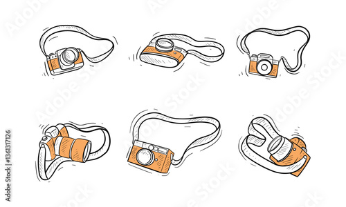 Set of hand drawn collection of sketched cameras shown with different angles and lens variations.