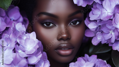 Close-up of a beautiful Afro woman with perfect skin surrounded by hydrangeas and a captivating look, skin care, makeup, cosmetics, health