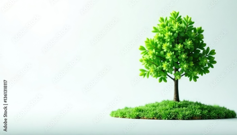 Obraz premium Tiny tree, bright green foliage, against plain white , leaves, background