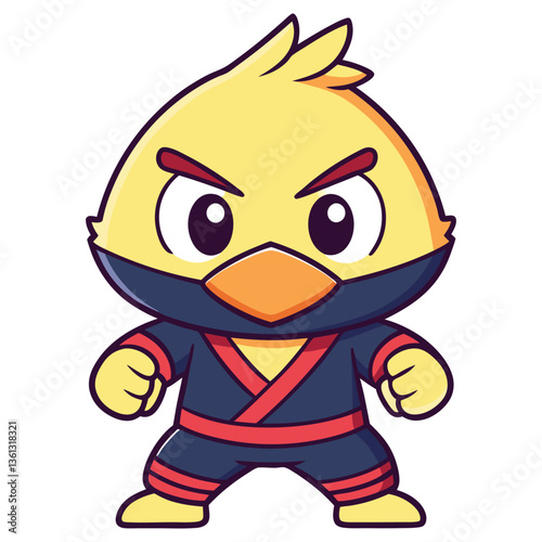 Cartoon Yellow Bird Character, Frowning, Wearing Black Ninja Costume with Red Belt