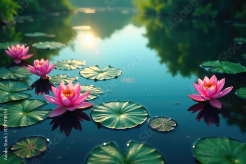 Water lilies and lotus blossoms form a vibrant pattern on a serene lake's surface , image, elegant
