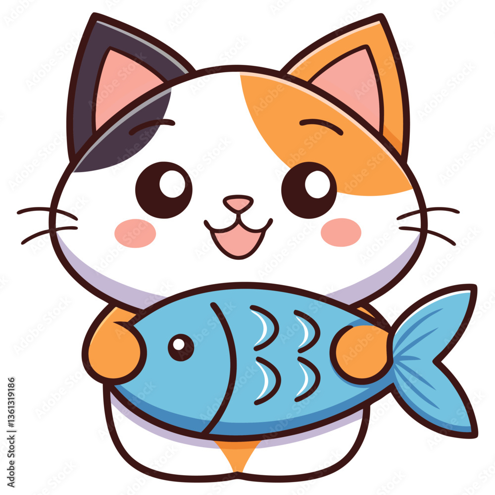 Fototapeta premium Cartoon Calico Cat with Big Eyes Holding Fish, Pet Animal Icon, Cute Kawaii Character