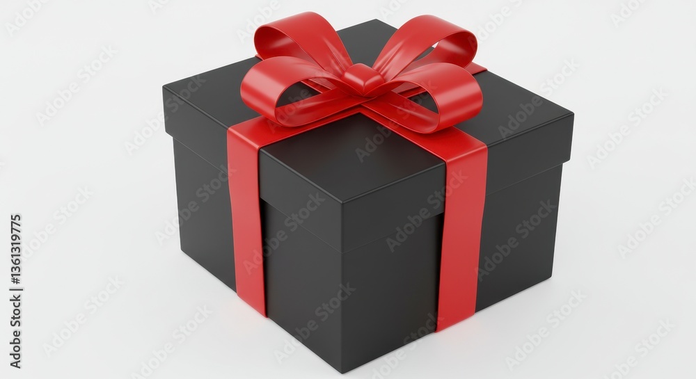 Fototapeta premium Black Gift Box with Red Ribbon Bow on White Background