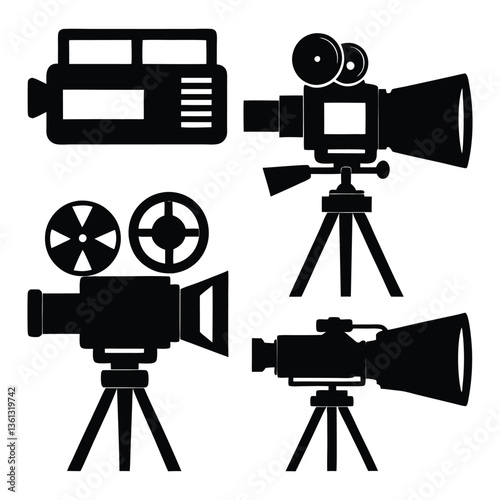 Set of movie camera icons with equipment and photography elements