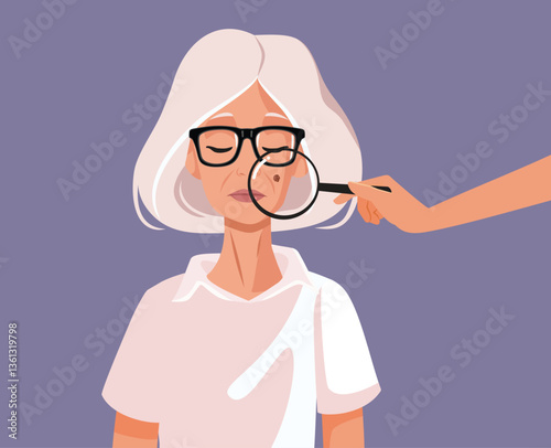 Elderly Woman Visiting Dermatologist for a Mole Vector Illustration. Person having skin problems suffering from a condition age related 
