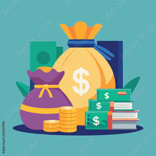 Golden money bag with coins and cash
