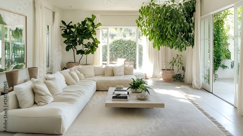 A bright and airy modern living room featuring green plants