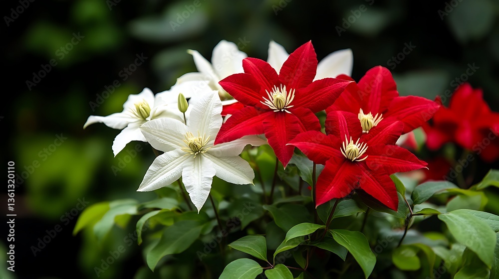 Vibrant Red and White Clematis Blossoms in a Lush Garden AI Generated Vibrant Red and White Clematis Blossoms in a Lush Garden AI Generated