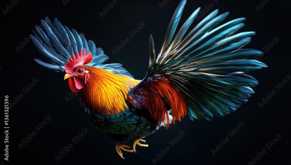 Fototapeta premium a vibrantly feathered rooster in mid-air displaying majestic plumage against a simple dark backdrop showcasing exquisite detail and vibrant colors