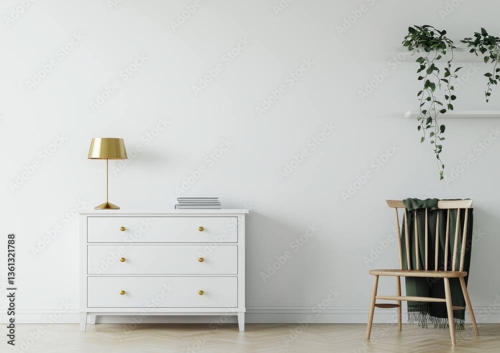 Fototapeta premium Modern Minimalist Interior with White Dresser, Lamp, and Chair