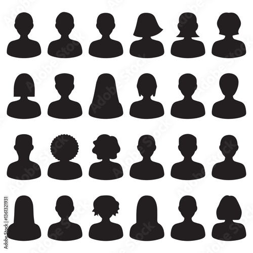 Set of user icons featuring silhouettes of people, faces, and avatars in black outline design