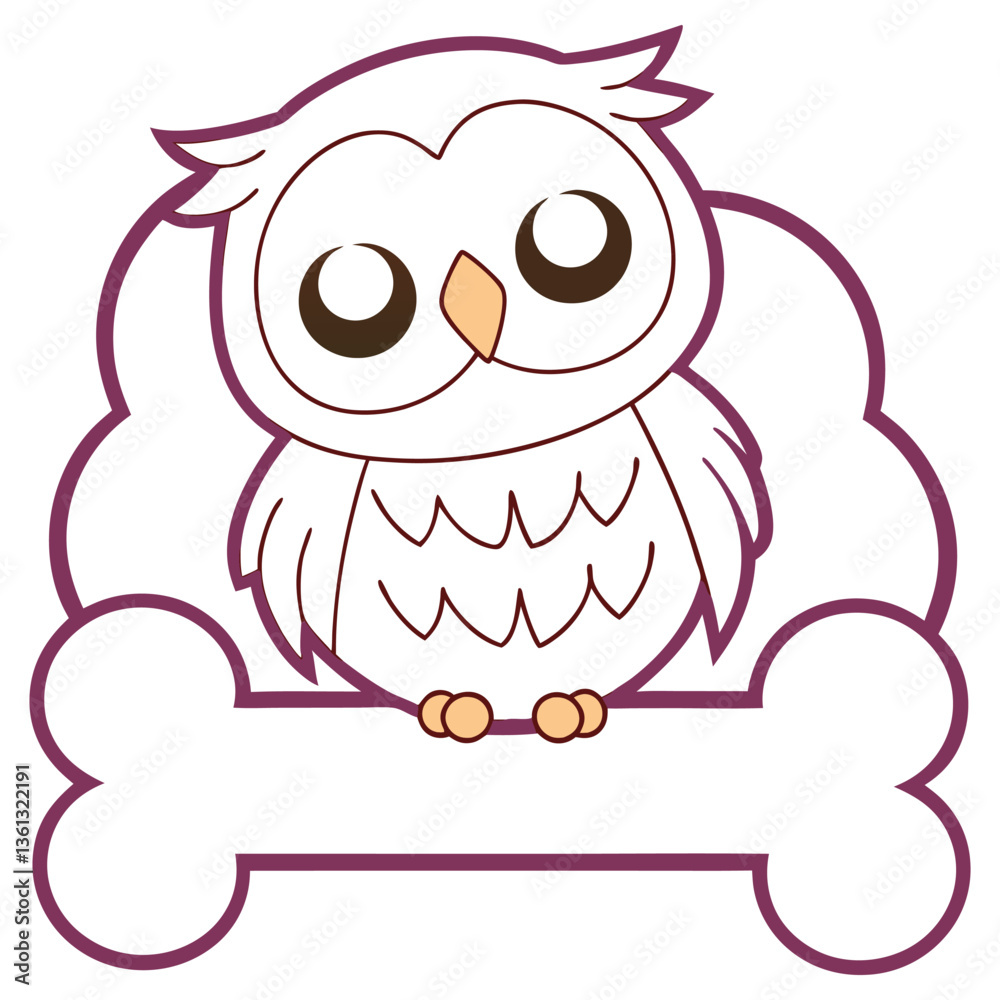 Fototapeta premium Cartoon owl with a dark outline, bone shape, white background isolated