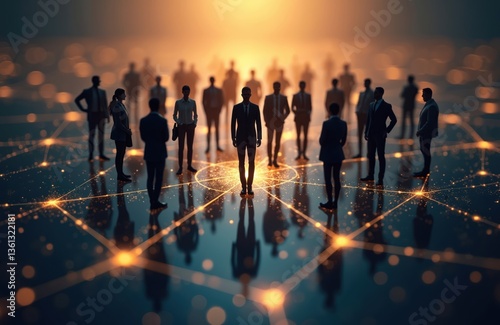 Business network concept. Group of businesspeople in suits, teamwork. Technology connections between people. Digital transformation, human resources, personnel, client relationship. Global