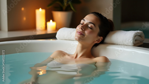 A woman lies in a tub of water with her eyes closed and a satisfied smile. She rests her head on a white towel. Lighted candles are visible in the background, creating a cozy atmosphere.