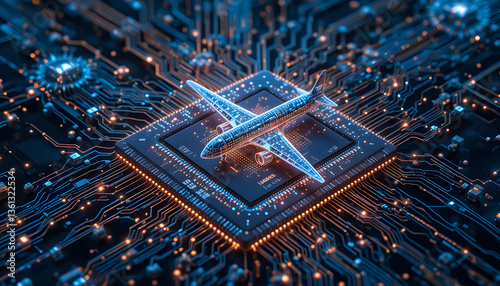 Futuristic Digital Airplane Concept on a Microchip Circuit Board – Aviation and Technology Innovation

