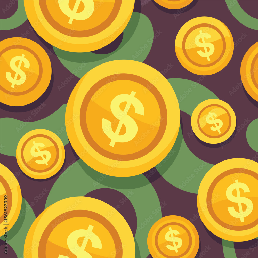 Seamless pattern of gold and dollar coins with financial symbols and currency icons Seamless pattern of gold and dollar coins with financial symbols and currency icons