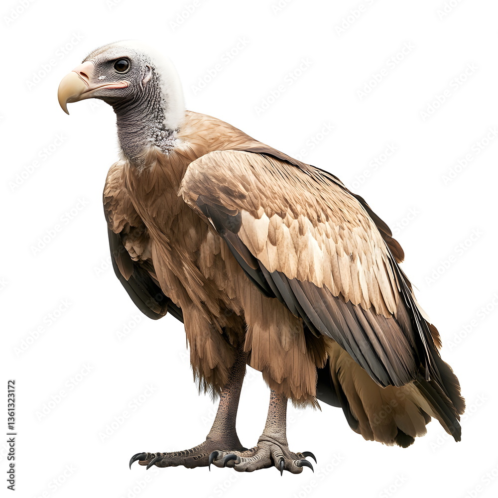 Obraz premium A realistic portrait of a vulture in side view, isolated on a white background. A large bird with broad wings, dark feathers, a featherless wrinkled head, a sharp hooked beak, and piercing dark eyes, 