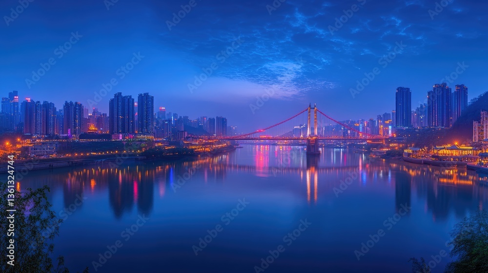 Obraz premium Night View of a City with a Bridge Over a River