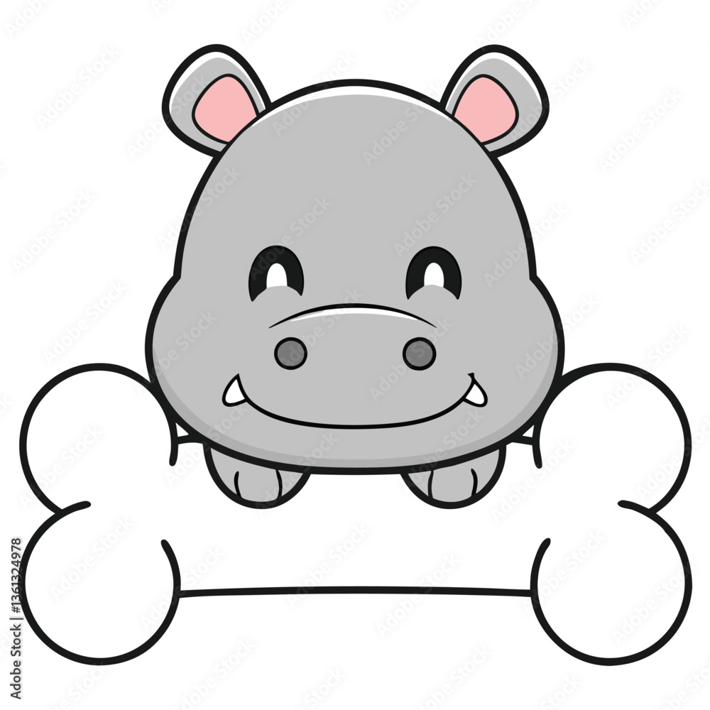Naklejka premium Cute Hippo Character with a Bone, Cartoon Animal Illustration, Isolated Design