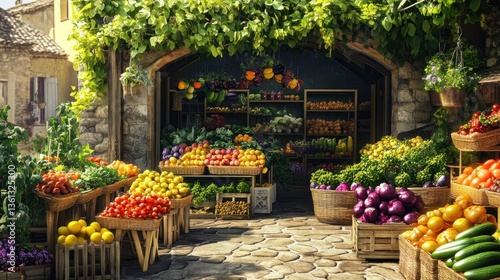 Colorful outdoor produce market with fresh fruits and vegetables displayed on wooden crates in a charming European village setting.
