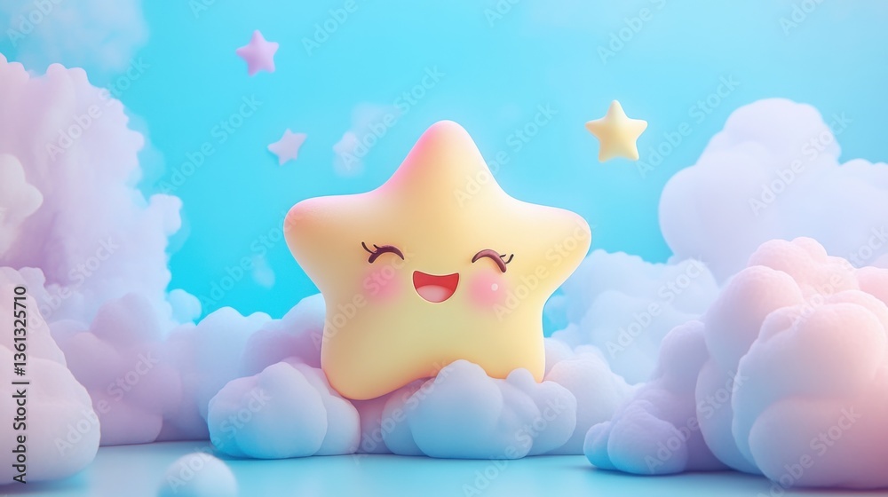 Obraz premium A cute pastel-colored star character joyfully floats among fluffy clouds against a dreamy gradient background in a soft lighting atmosphere, showcasing detailed and vibrant design
