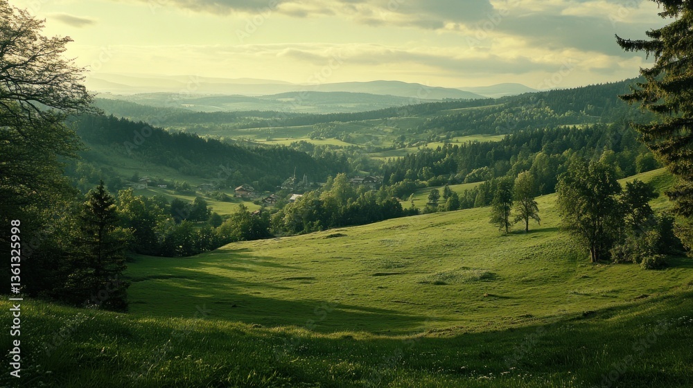 Obraz premium Panoramic vista of a valley, with rolling hills, lush green meadows, and a small village nestled amongst the trees under a soft, golden sunset light.