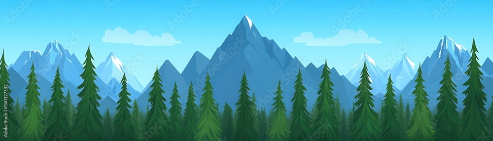 Fototapeta premium Serene Mountain Landscape with Pine Trees and Clear Blue Sky, Capturing the Beauty of Nature in a Calm and Picturesque Setting