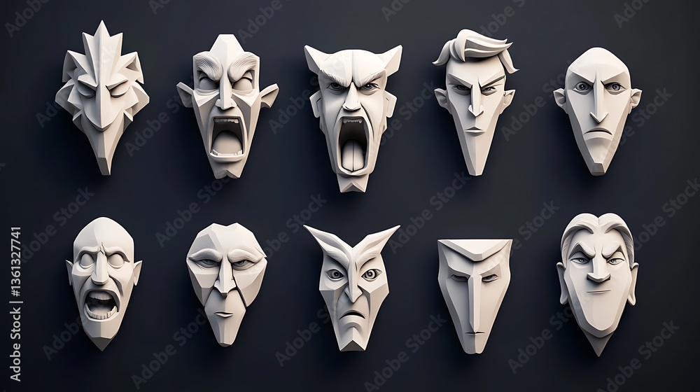 Naklejka premium Stylized 3D Rendered Faces: A Collection of Low-Poly Expressions AI Generated