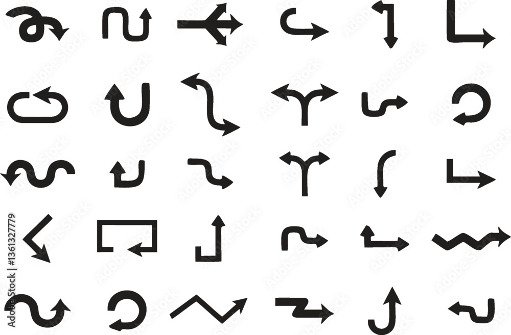 Multiple style and turn Arrow set isolated on white background. Easy to change color, size and manipulate. Traffic symbol Direction Icons Set. EPS 10