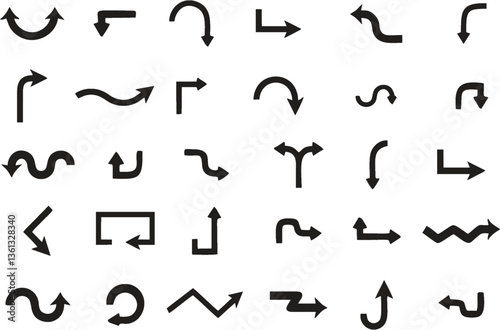 Multiple style and turn Arrow set isolated on white background. Easy to change color, size and manipulate. Traffic symbol Direction Icons Set. EPS 10