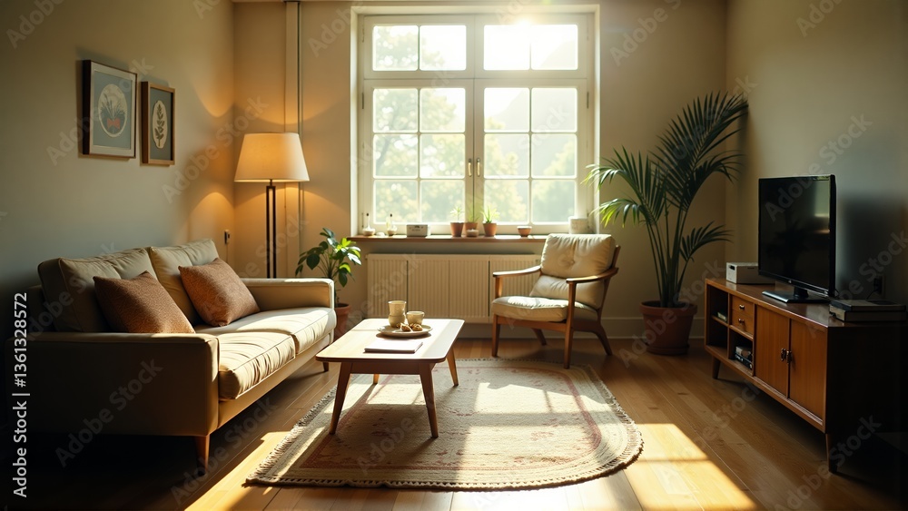 Fototapeta premium Living Room Interior with Couch Armchair and Natural Light from Window