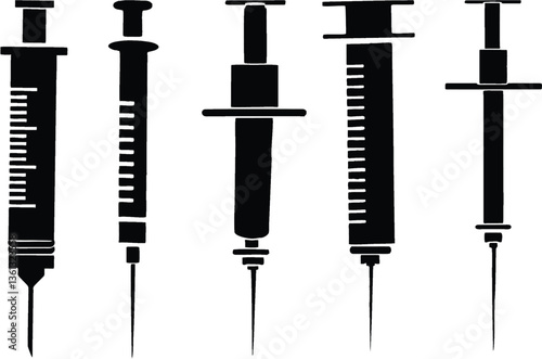 Medical treatment syringe icons with needle. Symbol of vaccination, injection, medication, and medical care in general. Easy to change color or size, EPS 10.