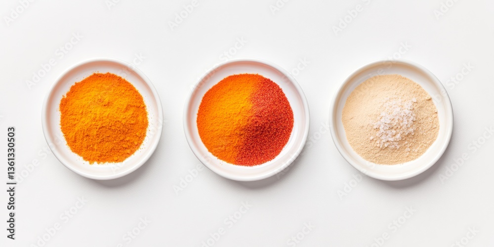 Three bowls present differently colored spices against a white background Three bowls present differently colored spices against a white background